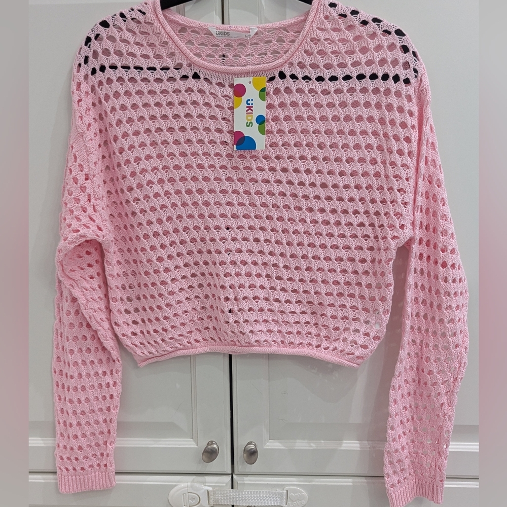 2/$35 UKIDS Pink Crochet Sweater L 14-16 Cropped Open Knit Cotton Crewneck